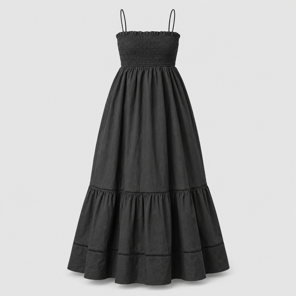 o.p.t Smocked Tiered Midi Dress‎ Black Small Spaghetti Strap Pockets Summer Boho